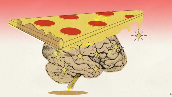 Color illustration of a brain with a piece of pepperoni pizza on top