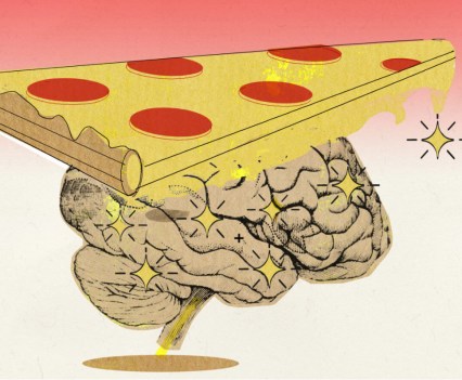 Color illustration of a brain with a piece of pepperoni pizza on top