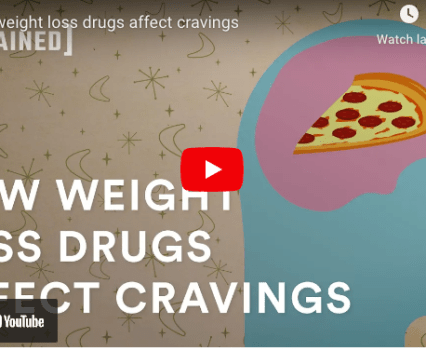 A cover image of a Youtube video of an illustration pizza in a human mind with the text "How Weight Loss Drugs Affect Cravings"