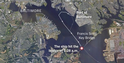 Satellite photo showing where the ship hit a bridge in Baltimore