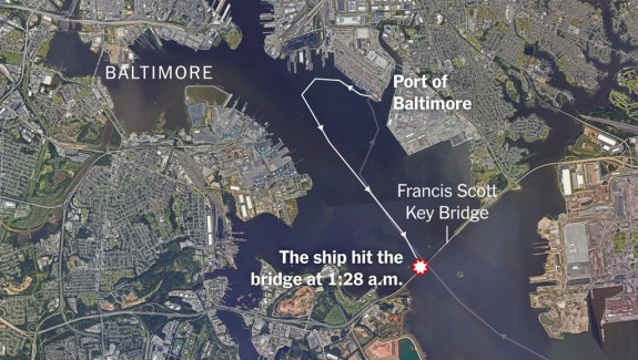 Satellite photo showing where the ship hit a bridge in Baltimore