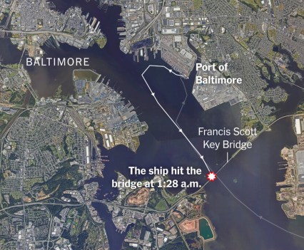 Satellite photo showing where the ship hit a bridge in Baltimore