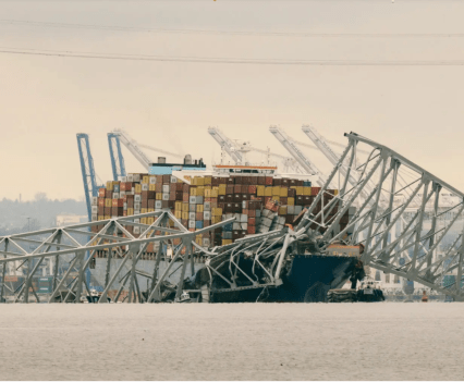 Photo of the ship as it hits the bridge in Baltimore