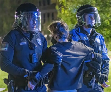 Photo of two police officers holding a masked man at a protest