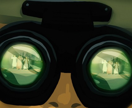 Graphic displaying civilians in fear in the reflection of military goggles