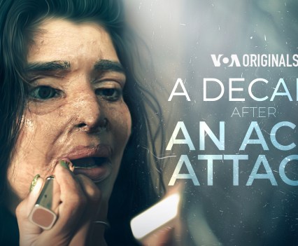 Documentary cover photo of a woman putting lipstick on her face that has been damaged by acid attack