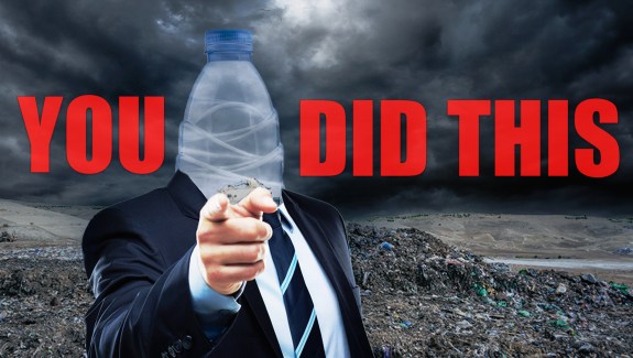 Graphic of a man pointing at the camera, his head replaced by a water bottle with the accompanying text "You Did This"