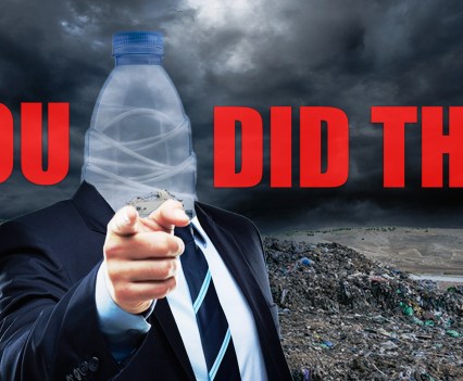 Graphic of a man pointing at the camera, his head replaced by a water bottle with the accompanying text "You Did This"