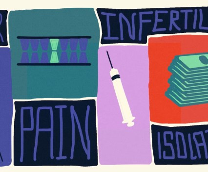 Graphic collage of the needles, dollar bills, and words "Infertility" "Pain" and "Isolation"