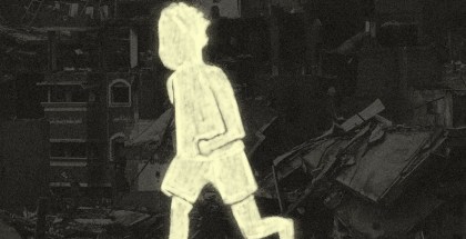 Graphic of young boy on destroyed cityscape with text "My Name is Ziad"