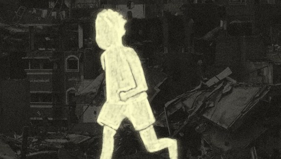 Graphic of young boy on destroyed cityscape with text "My Name is Ziad"