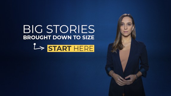 Photo of a woman in a dark blue suit on a dark blue background with accompanying text: "Big Stories Brought Down to Size, Start Here"