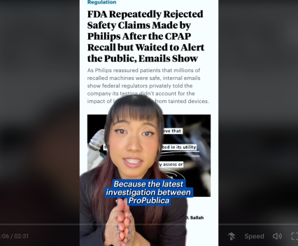 Screenshot of social media video of woman talking with article in background