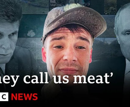 Cover image for BBC News Article of a young man in a baseball hat surrounded by one man on either side with text "They call us meat"