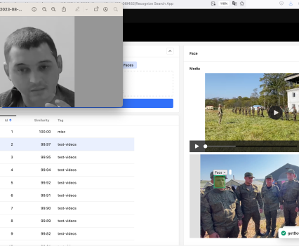 Screen capture with image of a man and a list of videos appearing to use a face recognition technology