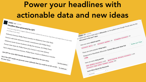 Graphic of YESEO app with text "Power your headlines with actionable data and new new ideas"