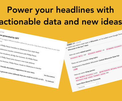 Graphic of YESEO app with text "Power your headlines with actionable data and new new ideas"