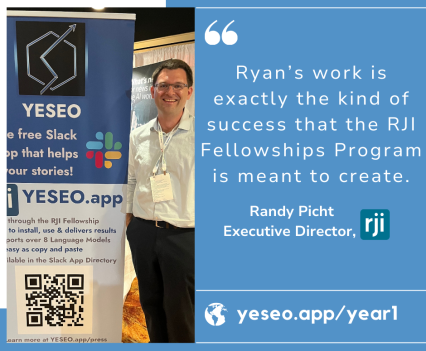 Promotional graphic for YESEO app featuring man standing next to poster