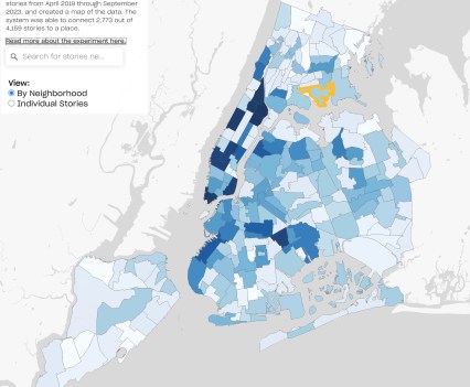 Graphic shows AI generated map of key locations of stories by neighborhood