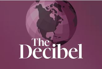 Purple and grey graphic of the glob with a focus on North and Central America with text "The Decibel"