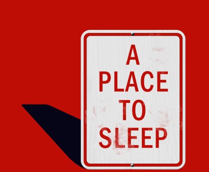 Graphic of a street sign on red background that says "A Place to Sleep"