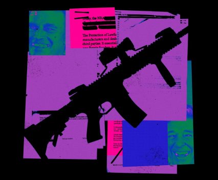 Colorful graphic of gun, articles, and photos on black background