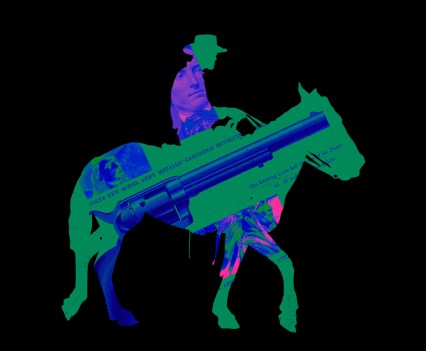 Colorful graphic of man riding a horse with a gun in the background of the horse on black background