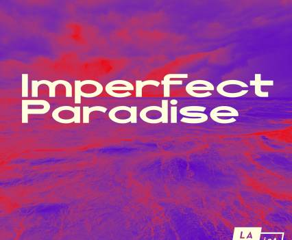 Duotone pink and purple background of the sea with text "Imperfect Paradise"