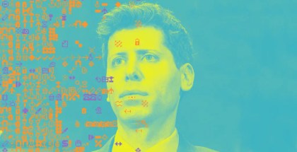 Duotone yellow and blue photo of Sam Altman, Open AI’s CEO