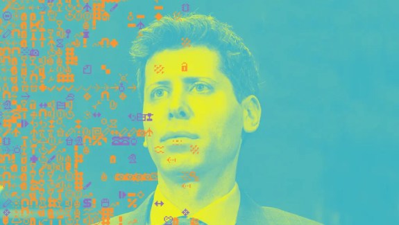 Duotone yellow and blue photo of Sam Altman, Open AI’s CEO