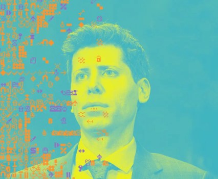 Duotone yellow and blue photo of Sam Altman, Open AI’s CEO