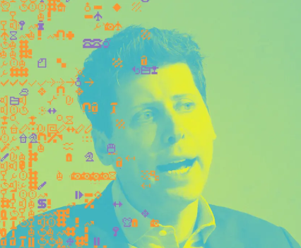 Duotone yellow and blue photo of Sam Altman, Open AI’s CEO