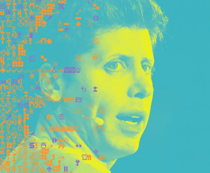 Duotone yellow and blue photo of Sam Altman, Open AI’s CEO