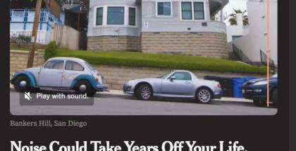 Screenshot of article "Noise Could Take years Off Your Life. Here's How" of house with a line of cars parked in front of it