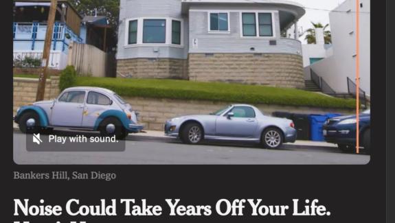 Screenshot of article "Noise Could Take years Off Your Life. Here's How" of house with a line of cars parked in front of it