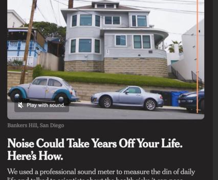 Screenshot of article "Noise Could Take years Off Your Life. Here's How" of house with a line of cars parked in front of it