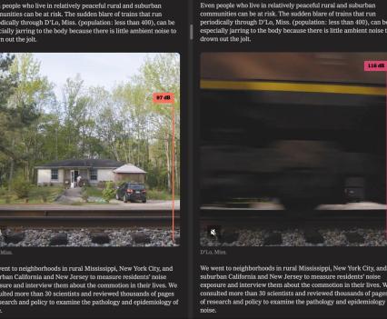 Side by side images of a railway in front of a suburban home next to moving train and sound levels in decibels