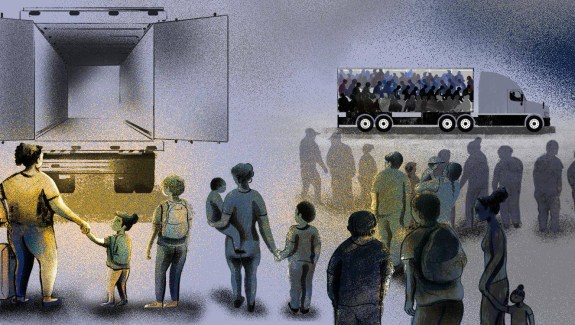 Illustration of people in front of a truck with its doors open. In the distance, a truck full of people