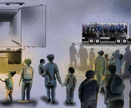 Illustration of people in front of a truck with its doors open. In the distance, a truck full of people