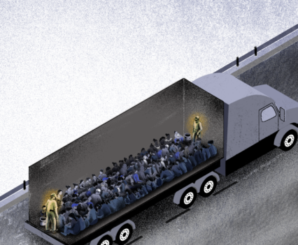 Illustration of the inside of a truck full of people with guards on either side of the group