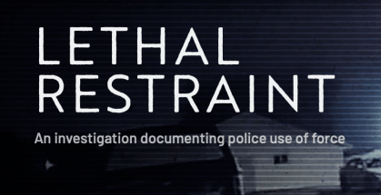 Cover image for article "Lethal Restraint: An investigation documenting police use of force" on top of blurred background of a home in dark setting