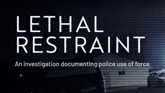 Cover image for article "Lethal Restraint: An investigation documenting police use of force" on top of blurred background of a home in dark setting