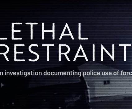 Cover image for article "Lethal Restraint: An investigation documenting police use of force" on top of blurred background of a home in dark setting