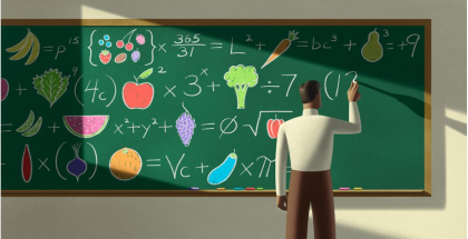 Graphic of a man writing a complicated formula of numbers and fruits and vegetables on a chalk board