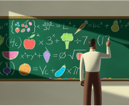 Graphic of a man writing a complicated formula of numbers and fruits and vegetables on a chalk board