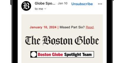 iPhone screen with Boston Globe Article in an email form