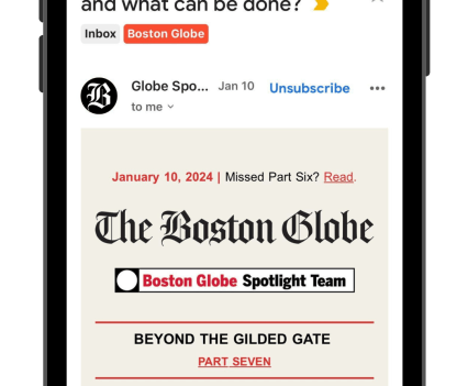 iPhone screen with Boston Globe Article in an email form