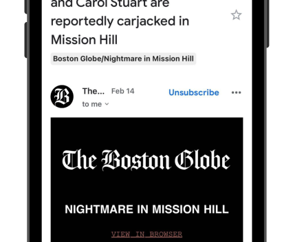 iPhone screen with Boston Globe Article in an email form