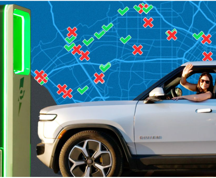 Graphic of a woman in front of an electric vehicle charging station with a map behind her indicating station locations