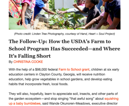 Screenshot of "The Deep Dish" article featuring an image of a group of children gardening